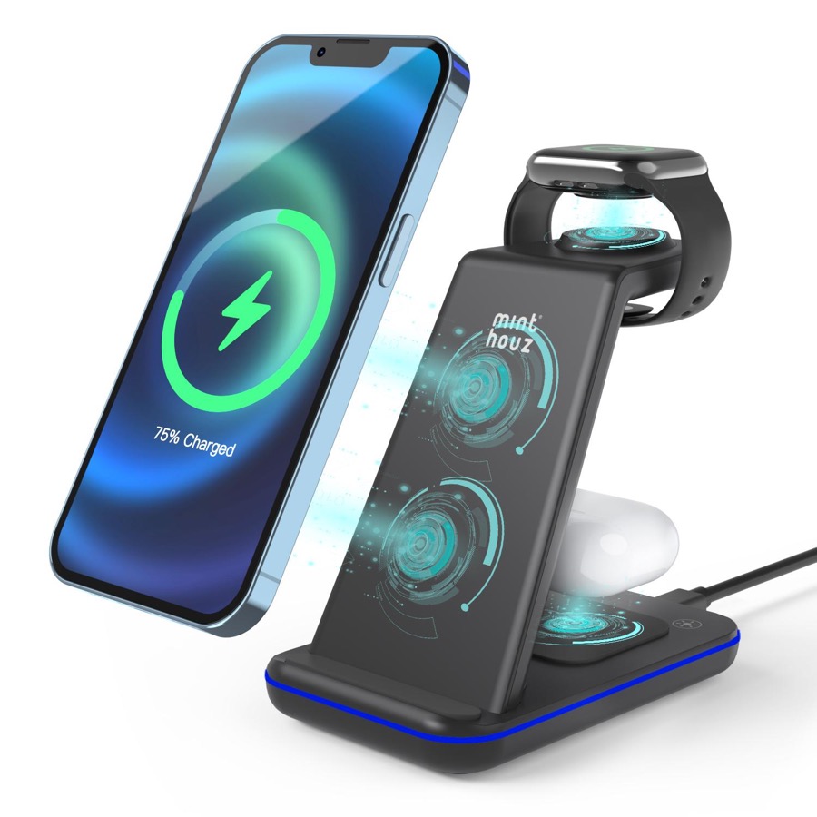 Minthouz Wireless Charger,3 in 1 Fast Wireless Charging Station with 20W Adapter for Multiple Devices Apple Watch, AirPods, Compatible with iPhone 16/15/14/13/12/11 Series, Samsung